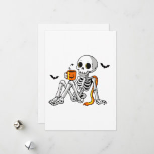 Cozy Halloween Skeleton with Coffee & Bats Mug / S Holiday Card