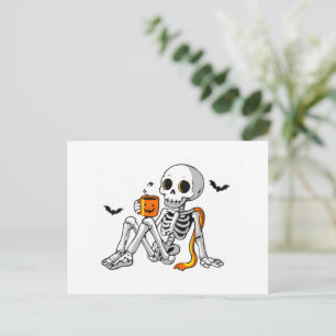 Cozy Halloween Skeleton with Coffee & Bats Mug / S Holiday Postcard