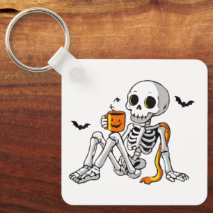 Cozy Halloween Skeleton with Coffee & Bats Mug / S Keychain