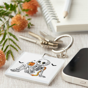 Cozy Halloween Skeleton with Coffee & Bats Mug / S Keychain