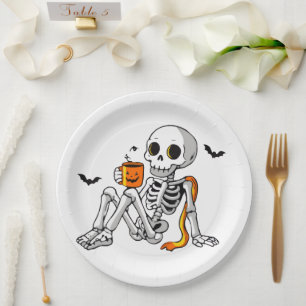 Cozy Halloween Skeleton with Coffee & Bats Mug / S Paper Plate