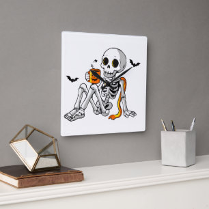 Cozy Halloween Skeleton with Coffee & Bats Mug / S Square Wall Clock