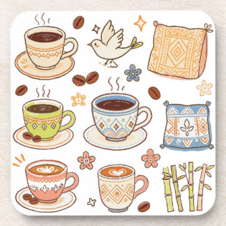 Cozy Hand-Drawn Coffee & Folk Art Doodle Set Coaster