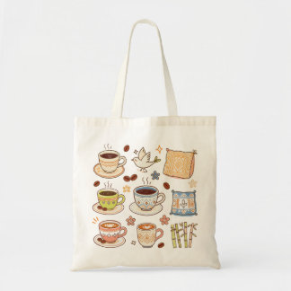 Cozy Hand-Drawn Coffee & Folk Art Doodle Set Tote Bag