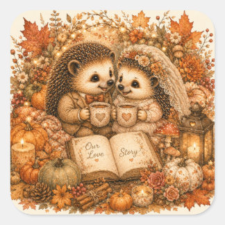 Cozy Hedgehog Couple Autumn Wedding Love Story Square Sticker