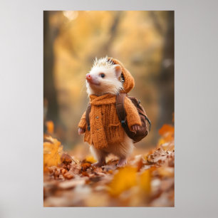 Cozy Hedgehog Fall Art Print, Autumn Woodland Poster