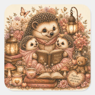 Cozy Hedgehog Family Reading Magical Stories Square Sticker
