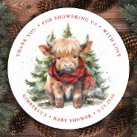 Cozy Highland Cow Farm Animals Winter Baby Shower Classic Round Sticker<br><div class="desc">Looking for an adorable and cozy theme for your baby shower this holiday or winter season? Look no further than our rustic modern cow and highland calf invitations and party supplies! Featuring a charming highland baby cow dressed in a red plaid scarf and pine trees, this charming design is perfect...</div>