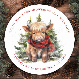 Cozy Highland Cow Farm Animals Winter Baby Shower Classic Round Sticker