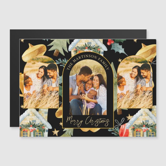 Cozy Holiday Illustrated Print Three Photo Magnet (Front/Back)