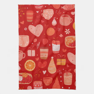 Cozy Holiday Mugs and Gifts Red Pattern Kitchen Towel