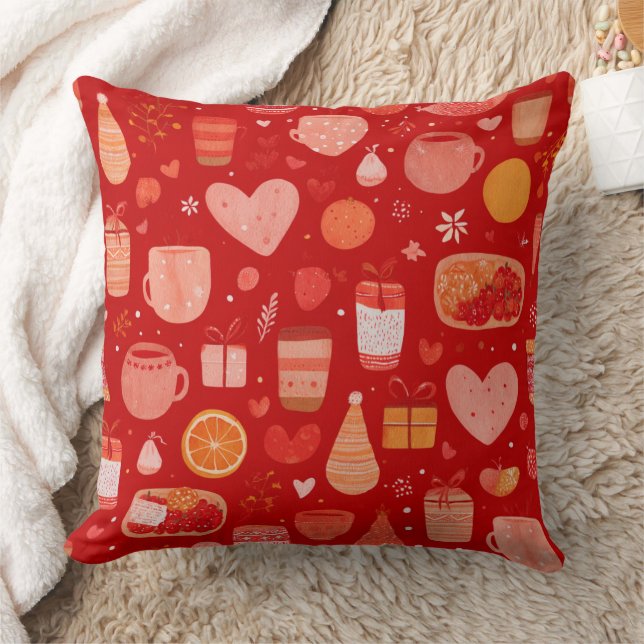 Cozy Holiday Mugs and Gifts Red Pattern Throw Pillow (Blanket)