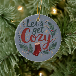 Cozy Holiday Pine Berry Lettering Ceramic Ornament