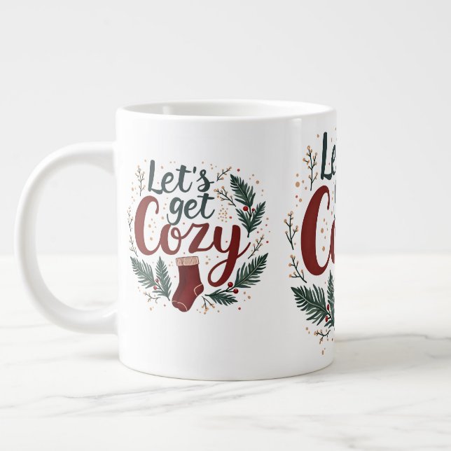 Cozy Holiday Pine Berry Lettering Large Coffee Mug (Left)