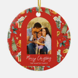 Cozy Holiday Red Illustrated Print Photo Ceramic Ornament