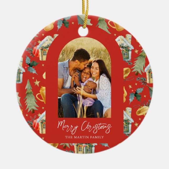 Cozy Holiday Red Illustrated Print Photo Ceramic Ornament (Front)