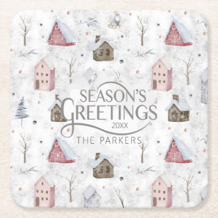 Cozy Home Christmas Pink ID985 Square Paper Coaster