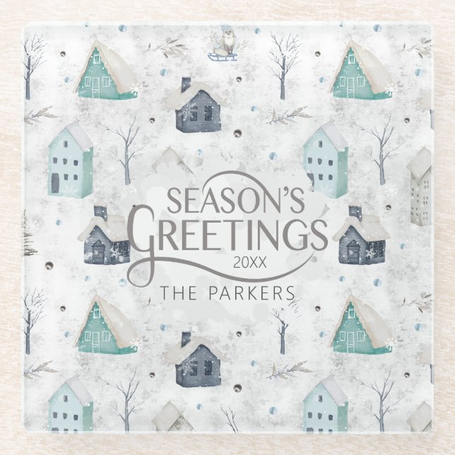 Cozy Home Christmas Teal ID985 Glass Coaster (Front)