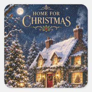 Cozy Home for Christmas , Elegant Snowy House Square Sticker
