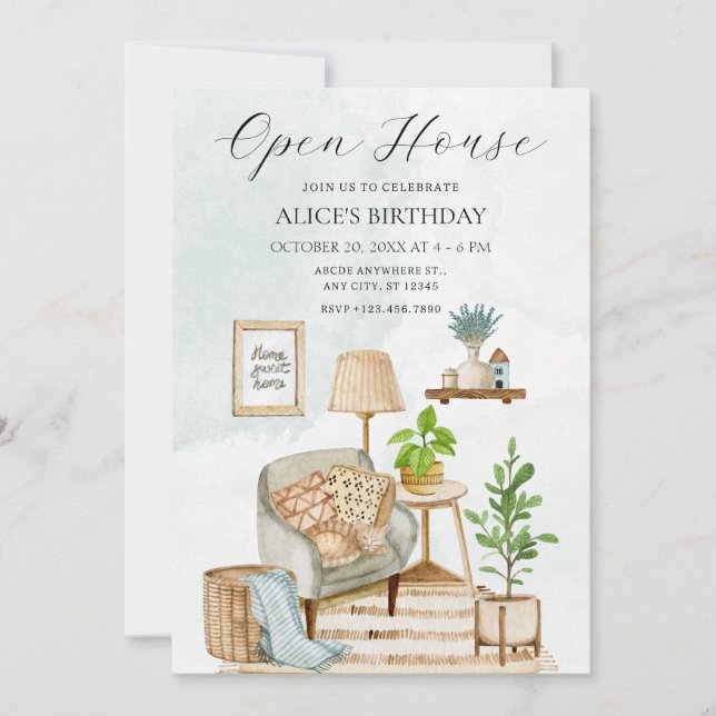 Cozy home interior with plants open house invitation (Front)