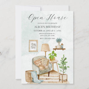 Cozy home interior with plants open house invitation