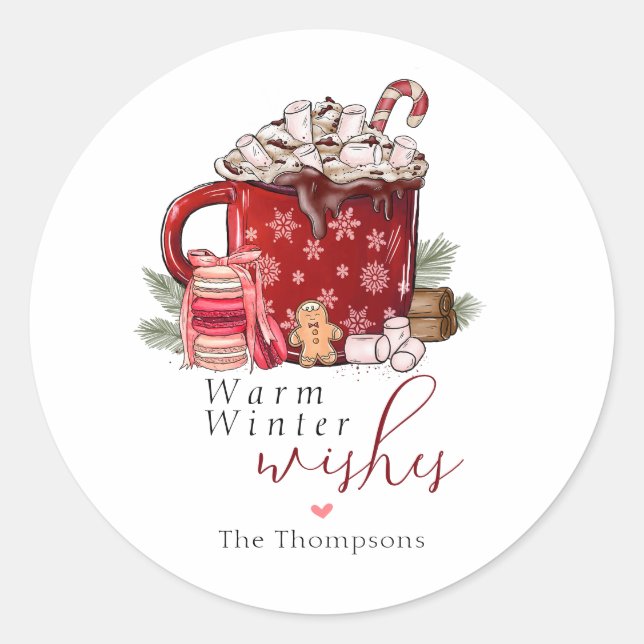 Cozy Hot Chocolate Warm Winter Wishes Christmas Classic Round Sticker (Front)
