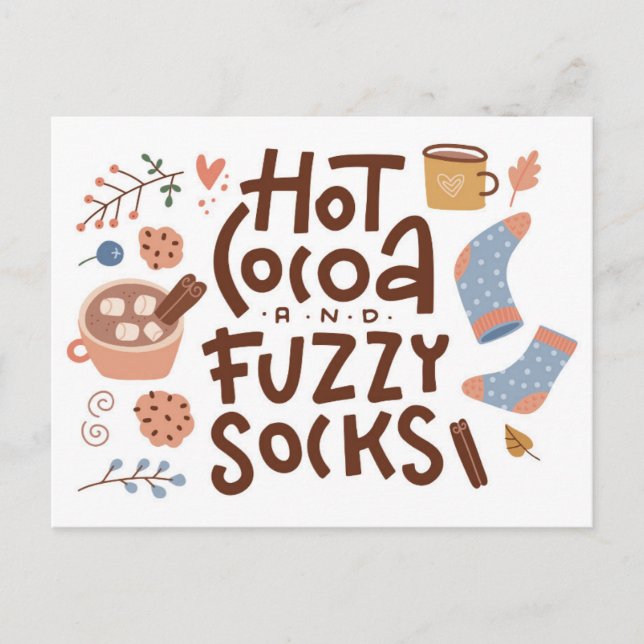 Cozy Hot Cocoa and Fuzzy Socks Design Postcard (Front)