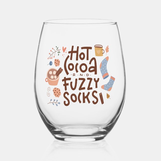 Cozy Hot Cocoa and Fuzzy Socks Design Stemless Wine Glass (Front)