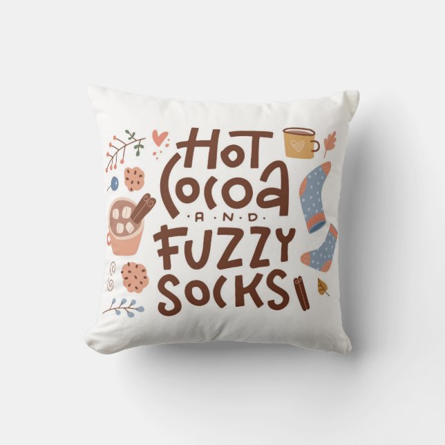 Cozy Hot Cocoa and Fuzzy Socks Design Throw Pillow (Front)