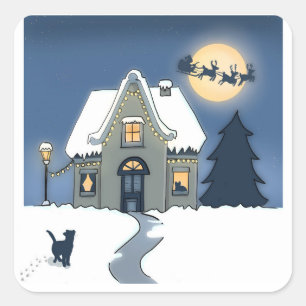Cozy house at night with Santa Sleigh and Cat Square Sticker