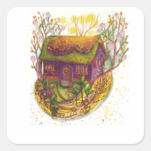 cozy house illustration  square sticker