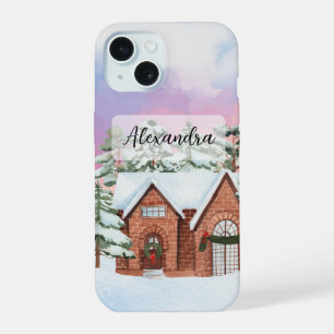 Cozy House with Colourful Sky and Pine Trees Winte iPhone 15 Case