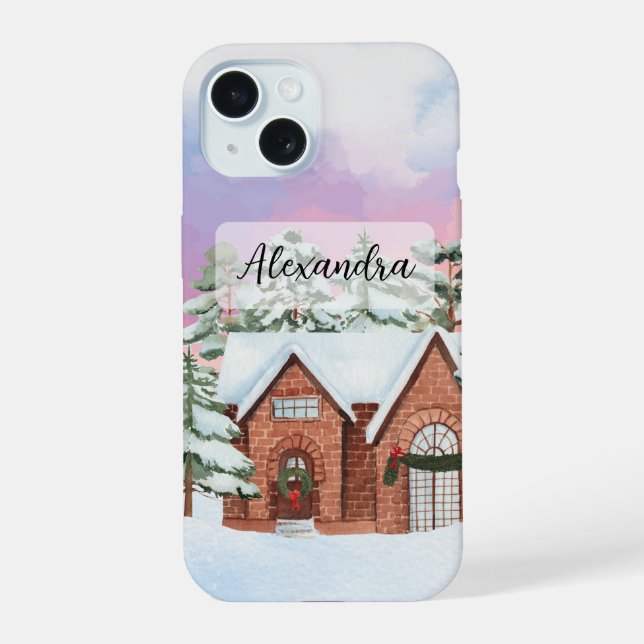 Cozy House with Colourful Sky and Pine Trees Winte iPhone 15 Case (Back)