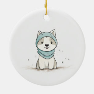 Cozy Husky Illustration - Adorable Puppy in Scarf Ceramic Ornament