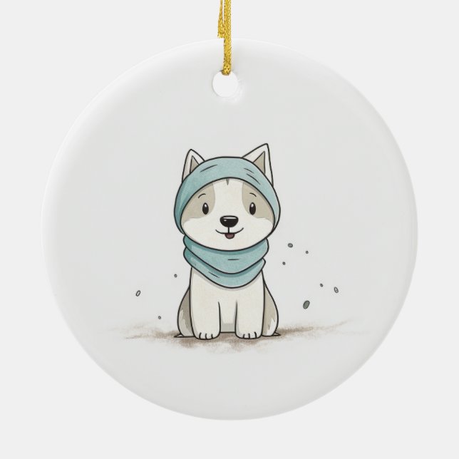 Cozy Husky Illustration - Adorable Puppy in Scarf Ceramic Ornament (Back)