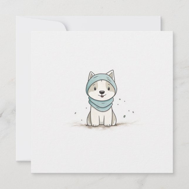 Cozy Husky Illustration - Adorable Puppy in Scarf Holiday Card (Front)