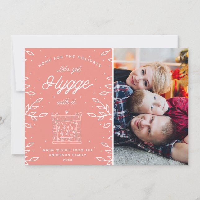 Cozy Hygge Modern Scandinavian Coral Pink Photo Holiday Card (Front)