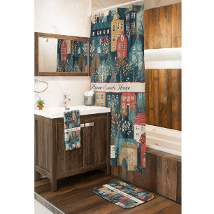 Cozy Hygge Village Nordic Folk Art, custom Bath Mat