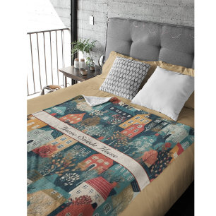 Cozy Hygge Village Nordic Folk Art, custom Fleece Blanket
