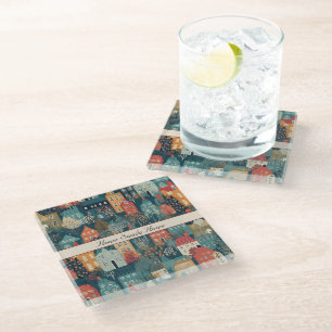 Cozy Hygge Village Nordic Folk Art, custom Glass Coaster