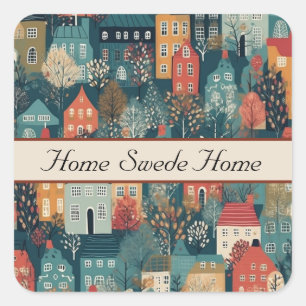 Cozy Hygge Village Nordic Folk Art, custom Square Sticker