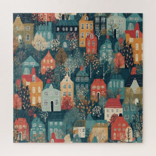 Cozy Hygge Village Nordic Folk Art Jigsaw Puzzle