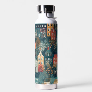 Cozy Hygge Village Nordic Folk Art Water Bottle