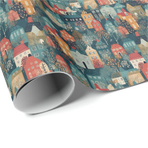 Cozy Hygge Village Nordic Folk Art Wrapping Paper