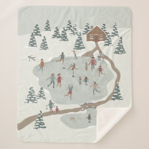 Cozy Ice Skating Rink Winter illustration Sherpa Blanket