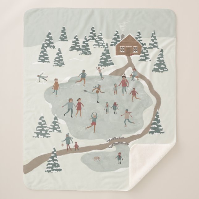 Cozy Ice Skating Rink Winter illustration Sherpa Blanket (Front)