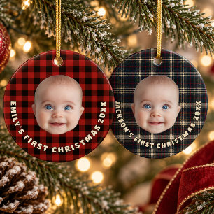 Cozy Imperial Tartan Plaid Baby First Christmas Ceramic Ornament