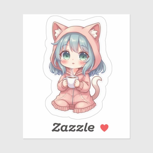 Cozy Kawaii Anime Girl with Cat Hoodie – Hot Drink (Sheet)