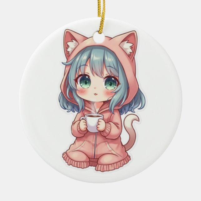 Cozy Kawaii Anime Girl with Cat Hoodie – Hot Drink Ceramic Ornament (Front)