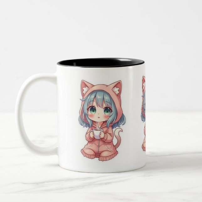 Cozy Kawaii Anime Girl with Cat Hoodie – Hot Drink Two-Tone Coffee Mug (Left)